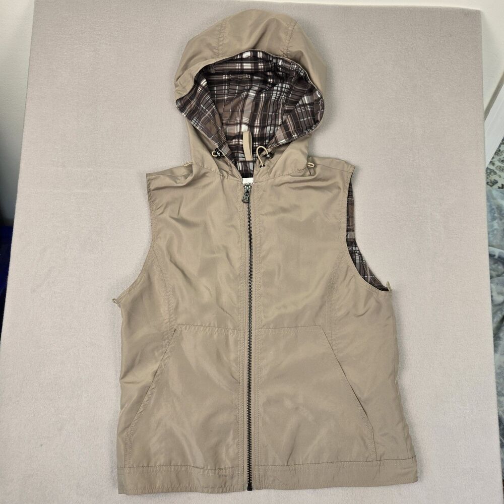 Kenneth Cole New York Beige Hooded Poly Zip Womens Vest Plaid Lining Size XSmall
